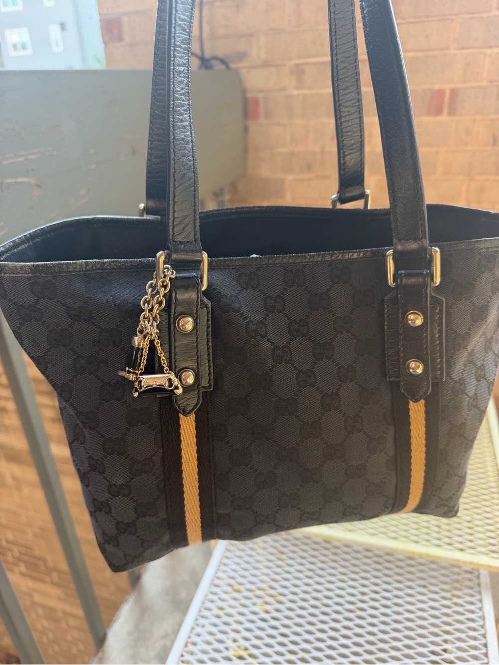 Black Designer Gucci Tote Bag with Gold Accent Charm
